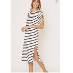 This Beautiful Dress Is New And Has Never Been Worn! It Is Perfect For Summer Or Layered Up For Fall! White With Black Stripes It Has A Classical Look Casual Midi Dress With Side Slits For Vacation, Casual Midi Dress With Side Slits, Casual Midi Dress With Side Slits For Day Out, Casual Midi-length Dresses With Side Slits, Casual Dress With Side Slits For Day Out, Casual Dresses With Side Slits For Day Out, Casual Striped Midi Dress For Brunch, Casual Maxi Dress With Side Slits For Brunch, Casual Vacation Dresses With Side Slits