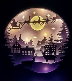 a paper cut christmas scene with reindeers and sleigh in the night sky