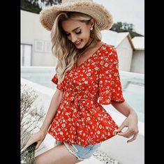 This Beautiful Blouse Is Short Sleeve With A Ruffle Hem And A Belt Wrap. Sleeve Type Is Butterfly, Hem Shape Is Flared. Beautiful All Seasons Preppy Tops, Boho Peasant Top, Flower Blouse, Floral Print Tunic, Black Blouse Long Sleeve, Layered Long Sleeve, Printed Tunic Tops, Embellished Top, White Eyelet