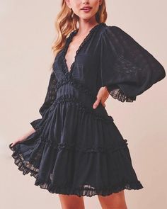 Bell Sleeve Cut Out Ruffled V-Neck Dress in More Colors – shophearts V Neck Dress, Bell Sleeve, Ruffles, Bell Sleeve Top, Cut Out, Chiffon, Long Sleeve Dress, Trim, V Neck