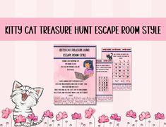 a cat sitting on top of a pink flower filled field next to a sign that says kitties cat rescue hunt escape room style