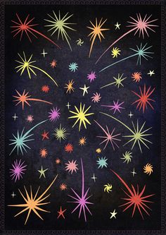 an image of fireworks in the sky with stars on it's side and black background