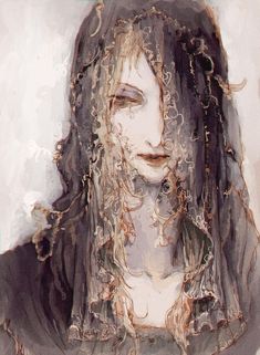 an artistic painting of a woman's face with long, curly hair and piercings