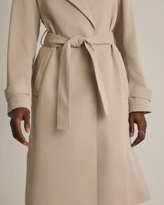 Stretch Crepe Trench Coat Fitted Solid Color Outerwear For Work, Belted Solid Workwear Outerwear, Fitted Beige Outerwear With Belted Cuffs, Belted Solid Outerwear For Work, Solid Outerwear With Belted Cuffs For Work, Versatile Stretch Outerwear For Work, Fitted Outerwear With Belted Cuffs For Business Casual, Fitted Outerwear With Self Belt For Work, Chic Solid Outerwear With Tie Waist