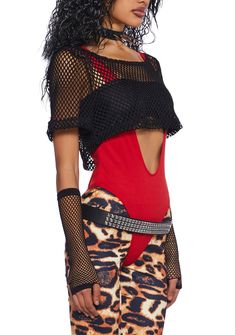 for going back to the '80s! This costume set has a stretchy jersey and sheer fishnet construction. Includes a cropped bandeau top, a short sleeve cropped tee, a unitard, leopard-printed leggings, a vegan leather belt, arm warmers, leg warmers, a spiked choker necklace, and a mullet wig. Edgy Short Sleeve Crop Top For Club, Black Fitted Mesh Top For Halloween, Fitted Black Mesh Top For Halloween, Stretch Crop Top With Mesh Sleeves For Summer, Summer Stretch Crop Top With Mesh Sleeves, Summer Crop Top For Costume Party, Trendy Summer Crop Top With Mesh Sleeves, Punk Mesh Top For Summer Alternative Fashion, Punk Style Fitted Crop Top With Short Sleeves