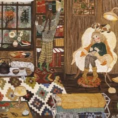 a painting of a woman sitting on a chair in front of a window with bookshelves