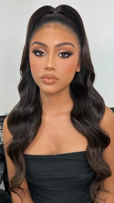 Soft Glam For Black Dress, Light Makeup For Black Dress, Spring Bride Makeup Brown Eyes, Quince Guest Makeup Looks, Champagne Makeup Look Wedding, Brown Smoky Eyeshadow Black Women, Pagent Makeup Ideas, Round Face Wedding Makeup, Bridesmaid Soft Glam Makeup