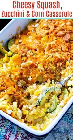 cheesy squash, zucchini and corn casserole in a white dish