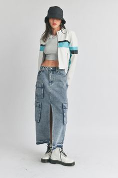 Specifications: Cargo Pockets Acid Wash Denim Midi/Long Fit Front Slit 100% Cotton Cargo Long Skirt, Cargo Skirt Outfit, Denim Tube Top, Denim Skirt Fashion, Edgy Streetwear, 2025 Fashion, Summer 2025, Cashmere Dress, Acid Wash Denim