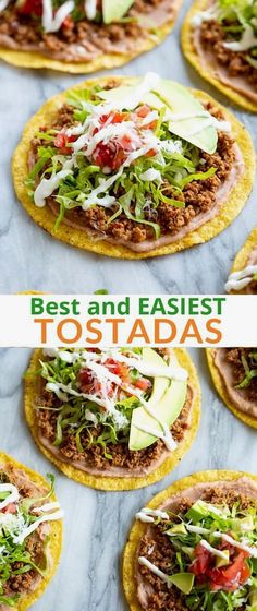 the best and fastest tostadas are made with tortilla shells, avocado, lettuce, tomatoes, shredded cheese and other toppings