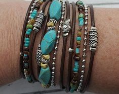 Unique Wrap Bracelet Best Turquoise Bracelet Modern Rustic | Etsy Adjustable Turquoise Bohemian Wrap Bracelet, Adjustable Bohemian Turquoise Wrap Bracelet, Hippie Turquoise Bracelets For Festival, Bohemian Wrap Bracelet For Summer, Bohemian Turquoise Bracelets For Summer, Leather Gifts For Her, Wrap Bangles, Boca Raton Florida, Vero Beach Fl