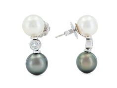 Each with a Tahitian pearl, from a cultured diamond top, separated by a bezel-set diamond, in 18k white gold. Diamond Top, Jewellery Marketing, Pearl And Diamond Earrings, Bezel Set Diamond, South Seas, Sea Pearls, Tahitian Pearls, South Sea Pearls, Bezel Setting