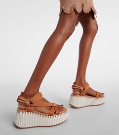 Nama 80 wedge sandals in brown - Chloe | Mytheresa Scallop Sweater, Brown Wedge Sandals, Chloe Shoes, Wedge Sandal, Lining Fabric, High Heel Sandals, Shoe Box, Manolo Blahnik, Wedge Heels