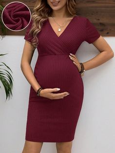 Summer Solid Color Maternity Bodycon Dress With V-Neck And Short Sleeves Burgundy Casual  Short Sleeve Knitted Fabric Plain Bodycon Slight Stretch  Maternity Clothing, size features are:Bust: ,Length: ,Sleeve Length: Clothing For Pregnant Women, Maternity Business Attire, Pregnancy Dresses Summer, Maternity Bodycon Dress, Maternity Dresses Casual, Latest Maternity Dresses, Maternity Sundress, Pregnancy Clothes, Cute Short Dresses