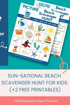 Printable scavenger hunt for kids with beach-themed items to find, offering two free downloadables from healthyhappyimpactful.com. Scavenger Hunt For Toddlers, Beach Selfie, Simple Collage, Fun Outdoor Activities, Beach Items