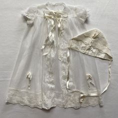 In preowned vintage condition with matching hat. No tag to indicate size but looks to be for infant Christening.  Shoulder to shoulder 7" Pit to pit 10.5" Length 20" Lace Baby Dress, Baby Lace Dress, Christening Gown, Matching Hat, Christening Gowns, Baby Dress, Christening