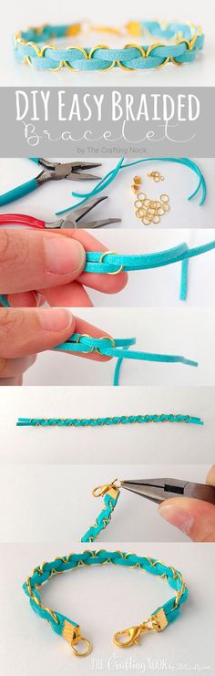 the instructions for how to make an easy braided bracelet with gold and turquoise beads