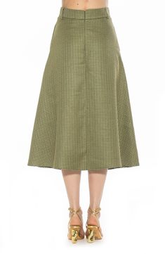 Perfect for the work day, this elegant A-line midi skirt features a classic pattern for timeless appeal. 33 1/2" length (size 2) Hidden back-zip closure Side-seam pockets Lined 100% polyester Hand wash, line dry Imported Tweed Pleated Skirt For Work, Office Tweed Skirt With Lining, Chic Knee-length Tweed Skirt, Classic Spring Tweed Skirt, Spring Classic Tweed Skirt, Classic Tweed Skirt For Spring, Tweed Skirt For Workwear, Spring Workwear Skirt With Houndstooth Pattern, Green Tweed