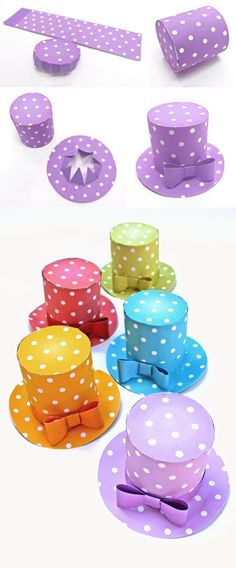 several different types of polka dot hats and plates with bows on the top, one is purple