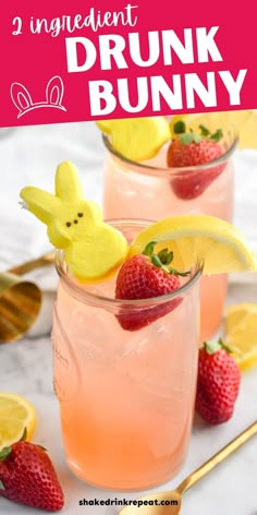 two glasses filled with lemonade and strawberries on top of a white tablecloth