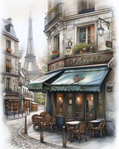 a drawing of the eiffel tower as seen from an outdoor cafe in paris