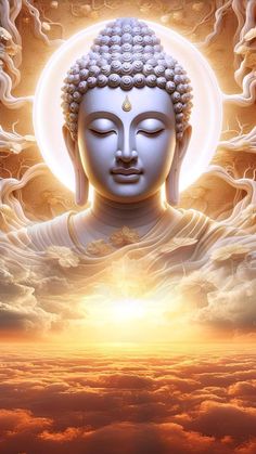 the buddha statue is surrounded by clouds and sun rays in this artistic photo, it appears to be floating above the earth