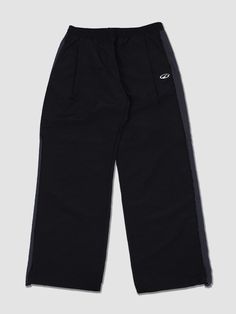 This is a comfortable and trendy pants that are made out of high quality nylon 100%  fabric. With design detail of wide silhouette, color blocked side panel, and minimal logo embroidery detail, it gives a trendy and modern look. - Deep tuck for wide silhouette- Adjsutable string on the hem- Elastic waistband with inner string Black Nylon Bottoms With Elastic Side Panels, Black Parachute Pants With Elastic Side Panels For Sports, Black Athleisure Parachute Pants With Elastic Side Panels, Black Sporty Straight Parachute Pants, Functional Black Wide Leg Pants, Black Wide Leg Nylon Parachute Pants, Black Nylon Wide Leg Parachute Pants, Black Nylon Pants With Elastic Side Panels, Black Nylon Sweatpants With Elastic Waistband