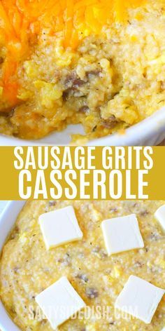 sausage grits casserole in a white bowl with cheese cubes on top