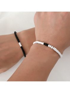 2pcs Minimalist Black & White Beaded Braided Friendship Couple Bracelets Set For Women Black and White    Glass     Women Fashion Jewelry, size features are:Bust: ,Length: ,Sleeve Length: Couple Bracelets Beads Diy, Simple Embroidery Bracelets, Bead Bracelet Couple, Cute Bff Jewelry, Couples Matching Bracelets Beads, White And Black Bracelet, Simple Matching Bracelets, Cute Couples Bracelets, Friendship Bracelets Black And White