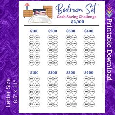 the bed room set cash saving challenge is shown on a purple background with an image of a