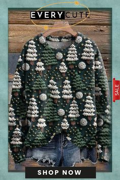 Vintage Christmas Tree Print Knit Pullover Sweater Christmas Tree Print, Vintage Winter, Winter Sweatshirt, Vintage Christmas Tree, Knit Pullover, Knitted Pullover Sweaters, Tree Print, Holiday Fashion, Knitted Pullover