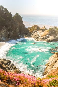 the ocean is blue and green with pink flowers in bloom next to rocks on the shore