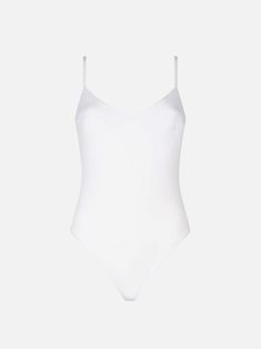 Woman one piece swimsuitwhiteThin strapsRegular fitV neckComposition: 90% Polyamide, 10% elastaneCare instructions: Cold hand wash. Do not soak. Do not iron. Do not dry off in contact with other garments. Rinse after contact with chlorine or salt water Fitted White Bodysuit With Built-in Bra, White Beach Camisole With Built-in Bra, Elegant White Swimwear With Built-in Bra, Summer Bodysuit With Adjustable Straps, White V-neck Bodysuit For Swimming, Elegant White V-neck Swimwear, Elegant Spaghetti Strap Bodysuit, Elegant Spaghetti Straps Elastane Bodysuit, Elegant Swimwear With Built-in Bra Minimal Stretch