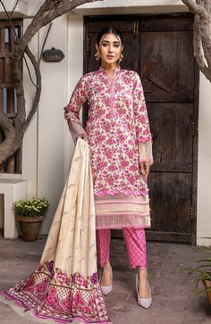 Pink Cambric Sets For Spring, Traditional Printed Unstitched Suit For Spring, Traditional Spring Unstitched Suit With Printed Details, Spring White Unstitched Suit With Printed Motifs, Pink Cotton Lawn Suit With Digital Print, Festive Pink Printed Unstitched Suit, White Printed Unstitched Suit For Wedding, White Printed Unstitched Wedding Suit, Printed Pink Lawn Suit For Spring