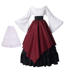 PRICES MAY VARY. Package includes: 1x victorian white top, 1x dark color renaissance skirt, 1x hoop skirt to keep shape Scoop neck, long flare sleeve blouse, elastic waist skirt, floor length medieval dress costume women Women's renaissance costume medieval peasant dress gothic victorian costume dress halloween irish medieval dress The renaissance peasant dress renaissance is suitable for medieval theme party, renaissance fair, parade float, victorian and halloween cosplay party Machine wash in Medieval Costume Women, Womens Medieval Dress, Women Pirate, Gothic Victorian Dresses, Pirate Dress, Victorian Skirt, Pirate Cosplay, Female Pirate Costume, Fair Outfits