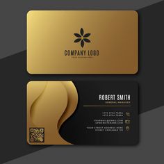 two business cards with gold and black accents