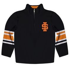 Idaho State  University Bengals ISU Vive La Fete Game Day Black Quarter Zip Pullover Stripes on Sleeves - Vive La Fête - Online Apparel Store Sporty Game Day Outerwear With Team Name, Game Day Long Sleeve Winter Track Jacket, Team-colored Long Sleeve Track Jacket For Game Day, Collegiate Track Jacket For Game Day In Winter, Collegiate Winter Track Jacket For Game Day, Collegiate Style Track Jacket For Game Day In Winter, Long Sleeve Track Jacket For Game Day In Winter, Winter Long Sleeve Track Jacket For Game Day, Black Football Season Sweatshirt