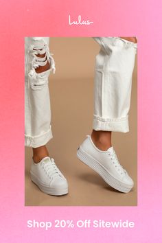 Lace into a look you love with the Keds Triple Up White Leather Platform Sneakers! These irresistibly cute sneakers have a classic lace-up design, a rounded toe upper, white hardware, and a bold 1.75"" platform sole. Pair with distressed denim and you a plain white tee for a full look! Gold embroidered logo tag at the outstep and tongue. 1. 75" platform rubber heel. Cushioned insole. Rubber sole has nonskid markings. Upper: Genuine Leather. Balance: Man Made Materials. Imported. Lulus | Triple Up White Leather Platform Sneakers. Keds Triple Up, White Platform Sneakers, White Hardware, Plain White Tee, White Platform, Cute Sneakers, Full Look, Logo Tag, Retail Therapy