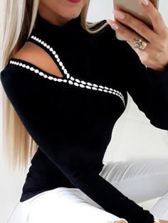 Cold Shoulder Jumper, Detail Couture, Patchwork Fashion, High Neck Long Sleeve, Style Noir, Simple Shirts, Round Neck Tops, Trend Fashion, Women Shirts Blouse