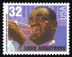 a stamp with an image of louis armstrong playing the trumpet