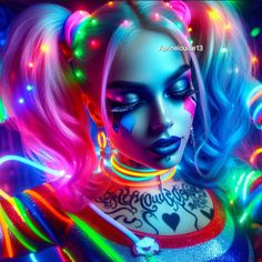 a woman with neon makeup and piercings on her chest, in front of colorful lights