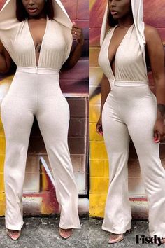 Fisdy - Chic and On-Trend Sleeveless V-Neck Jumpsuits in Cream White featuring Backless Bandage, Hollow Asymmetrical Design, and Solid Fabric - Perfect for Casual Fashion. Beige Jumpsuit, Casual Jumpsuit, Asymmetrical Design, Sleeveless Jumpsuits, White Casual, Earth Tones, Cream White, Women's Style