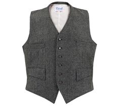 Our new Granville waistcoat is inspired by original vintage 1930s - 1940s era waistcoats from our own archive collection. This classic cut of waistcoat is shorter in the body, to wear with high-waisted trousers. It's made of a grey herringbone wool weave, and features a six-button fastening, with navy blue mother-of-pearl effect buttons. A highly-requested Revival own-brand classic, this authentically styled men's vest is designed to be worn with a matching pair of our Granville notch-back trous Tailored Sleeveless Gray Vest, Tailored Vintage Wool Vest, Vintage Tailored Single-breasted Vest, Gray Vintage Single-breasted Outerwear, Vintage Gray Single-breasted Outerwear, Wool Waistcoat, Black Herringbone, Grey Herringbone, Mens Vests