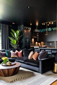 a living room filled with furniture and a large potted plant