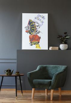 a living room with two chairs and a painting on the wall above it's head