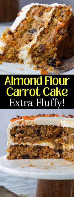 there is a slice of carrot cake with white frosting on the top and bottom