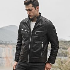 Fashioned from pigskin leather and lined with top quality polyester, this incredible jacket for men comes in a smart grey color. A slim jacket with a zipper closure, it showcases your chic style with flair while the full length sleeves offer comfort. A motorcycle jacket that bespeaks your dashing persona, wear this solid pattern accessory with confidence on any outfit to nail a winning look each time!

Specifications
Brand Name: GeraldBlack
Material: Pigskin
Collar: Stand
Clothing Length: REGULA Classic Leather Jacket With Zipper For Outdoor, Classic Leather Jacket With Zipper Closure For Outdoor, Outdoor Leather Biker Jacket With Zipper Closure, Outdoor Leather Biker Jacket With Zipper, Winter Leather Jacket With Zipper Pocket, Outdoor Fitted Biker Jacket With Zipper, Urban Leather Jacket With Ykk Zipper, Classic Outdoor Biker Jacket With Zipper Closure, Classic Biker Jacket With Zipper Closure For Outdoor