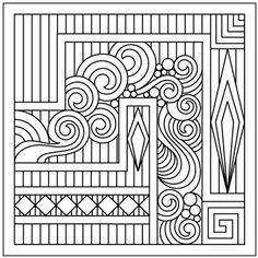 a black and white coloring book page with an abstract design in the center, surrounded by lines