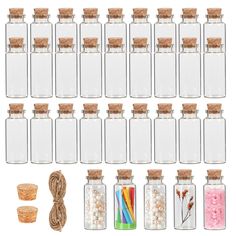 glass bottles with corks, twine and beads are shown in this set on a white background