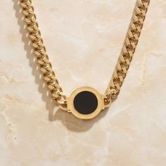 Elegant Black Curb Chain Necklace, Black Round Stainless Steel Chain Necklace, Black Curb Chain Necklace Gift, Minimalist Round Curb Chain Necklace, Black Link Necklaces With Gold Chain, Black Link Necklace With Gold Chain, Black Clavicle Chain Link Necklace, Gold-tone Chain Necklace, Yellow Gold Necklaces With Round Pendant Curb Chain